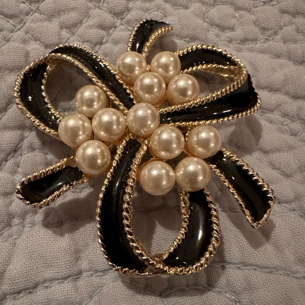 Elegant Black, Gold And Pearl Brooch.Marked Korea